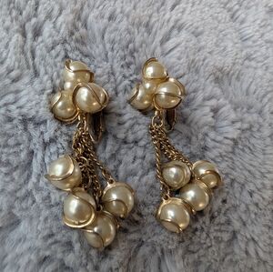 Vintage Coro Gold Tone And Faux Pearl Dangle Clip Earrings